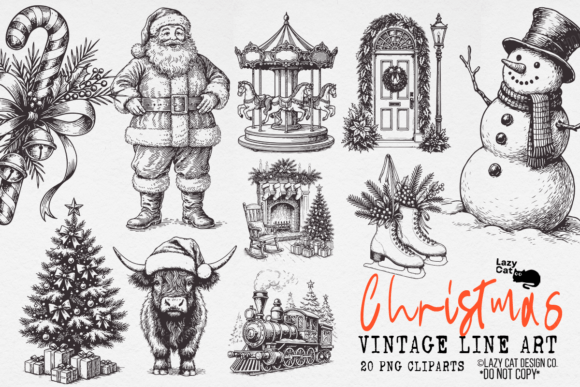 Christmas Vintage Line Art PNG Bundle: Illustrations for Branding