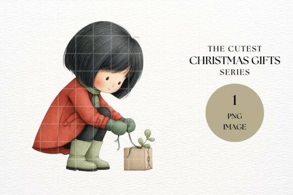 Cute Christmas Gift Girl Clipart for Illustrations