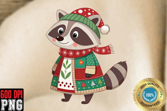 Patchwork Christmas Raccoon Clipart PNG & Illustrations