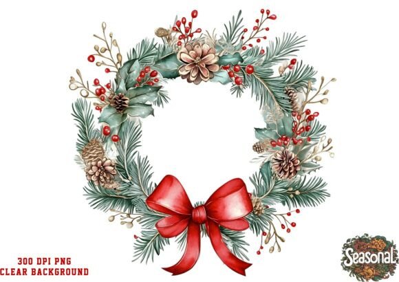 Pine Red Ribbon Christmas Wreath Clipart for Illustrations