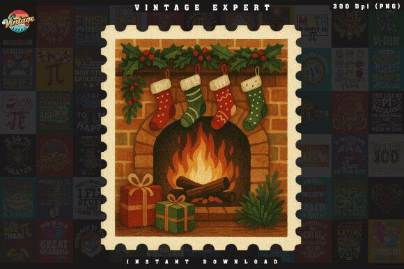 Retro Christmas Stamp Cozy Fireplace PNG for Illustrations