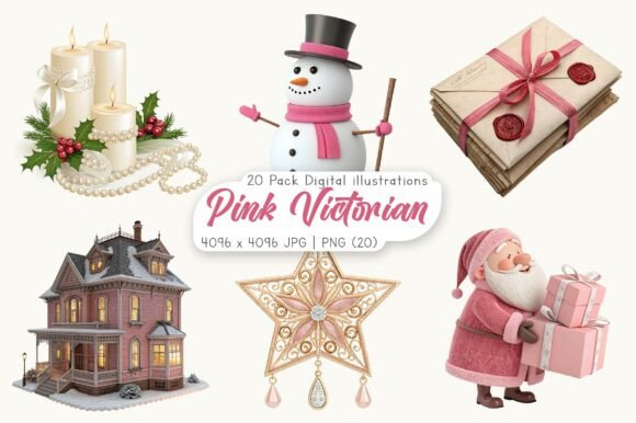 Watercolor Pink Victorian Christmas Illustrations