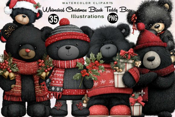 Whimsical Christmas Black Teddy Bear Illustrations